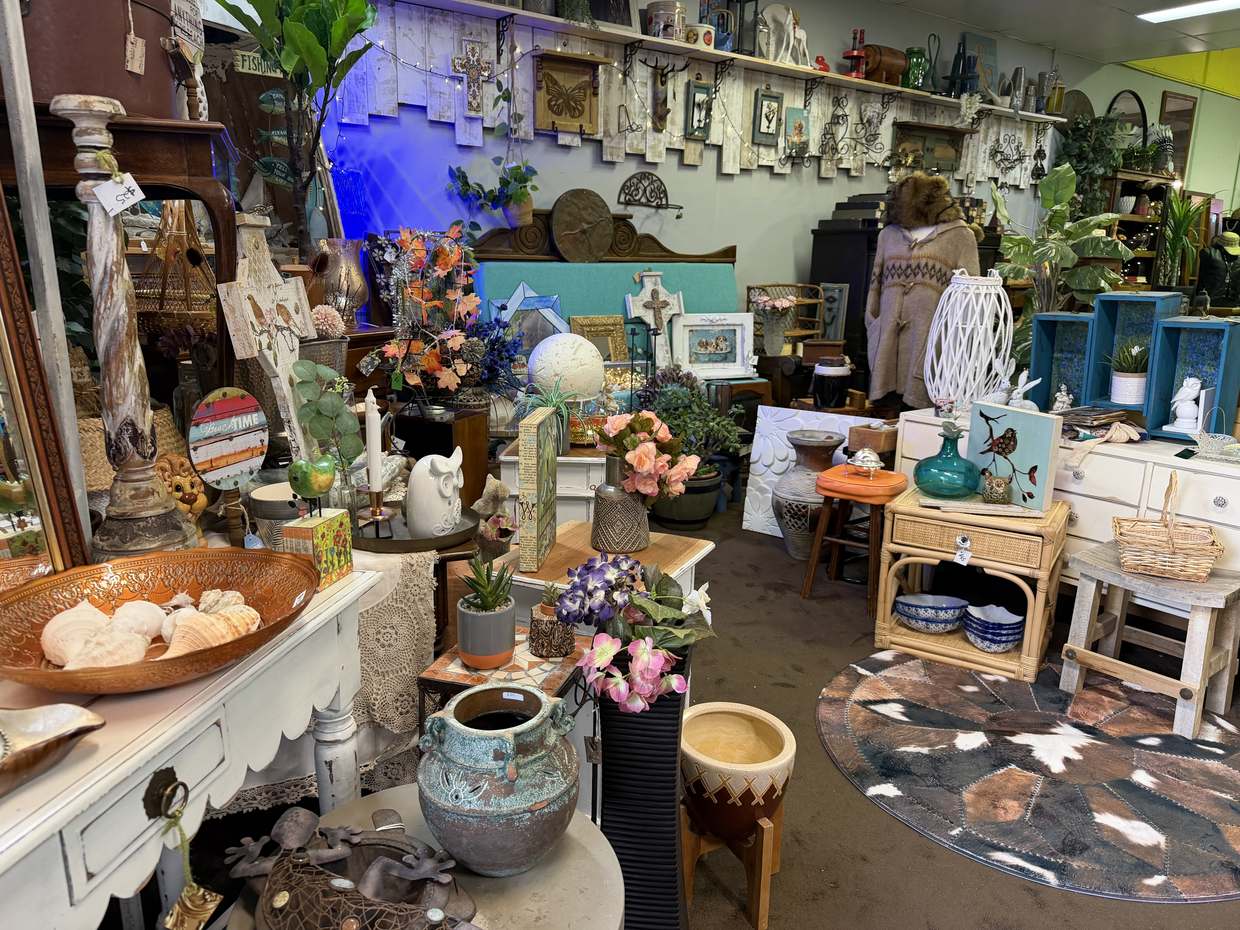Shelves of small decorative pieces above cabinets, with plants, lanterns and a cowhide rug on the floor.